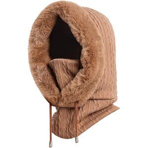 Women Khaki Polyester Warm Thick Fluff Beanie Adult Neck Face Winter Balaclava